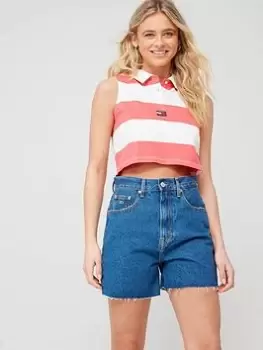 Image of Tommy Jeans Crop Badge Stripe Polo - Pink, Size XL, Women