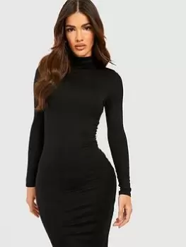 Image of Boohoo Roll Neck Long Sleeve Bodycon Midi Dress - Black, Size 16, Women