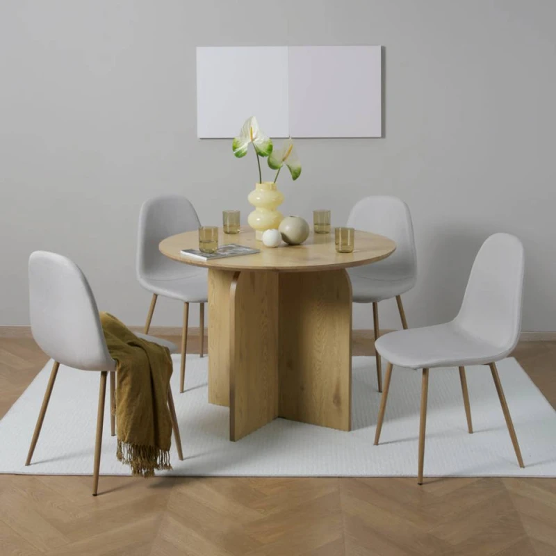 Image of Home Garden Direct NYX Dining Set Round Table in Wood Effect & x 4 Linen Chairs Beige Beige Unisex
