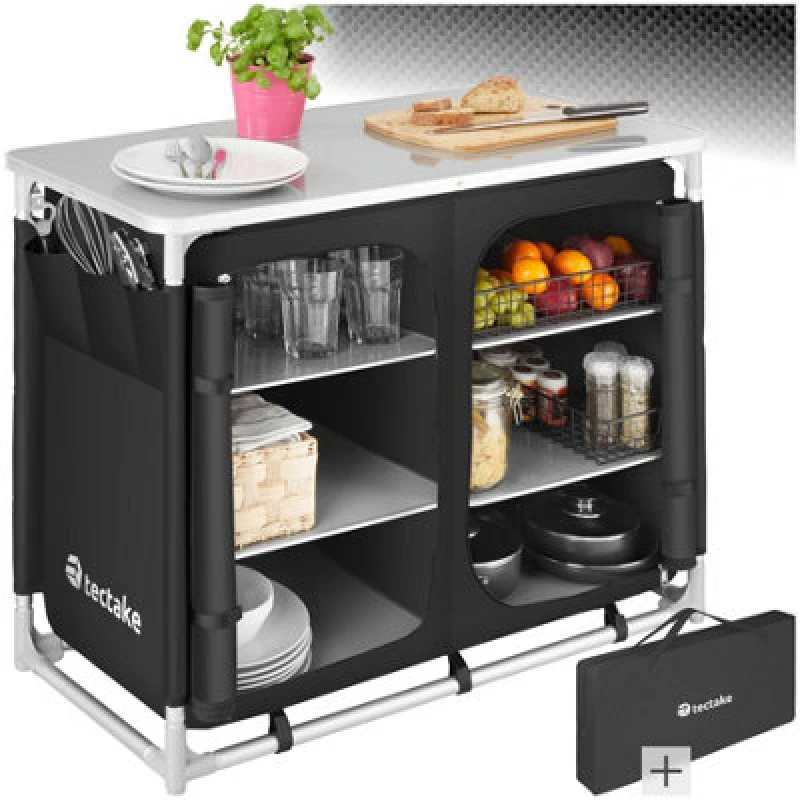 Image of Tectake Camping Kitchen - Foldable With 6 Compartments, Aluminium Frame - Black
