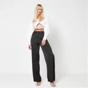 Image of Missguided Satin Tie Waist Wide Leg Trousers - Black