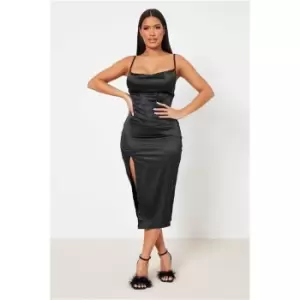 Image of I Saw It First Black Stretch Satin Cowl Neck Side Split Midi Dress - Black