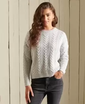 Image of Superdry Womens Dropped Shoulder Cable Crew Jumper Grey / Light Dove Grey Twist - Size: 12