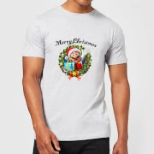 Image of Nintendo Super Mario Mario Hat Merry Christmas Wreath Grey T-Shirt - L