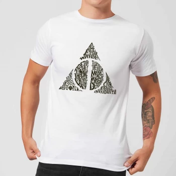 Image of Harry Potter Deathly Hallows Text Mens T-Shirt - White - XS