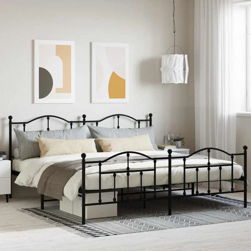 Image of Vidaxl Metal Bed Frame Without Mattress With Footboard Black 200X200 Cm, Black 353464