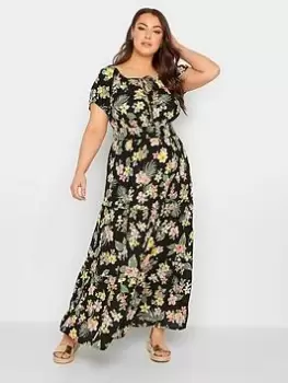 Image of Yours Tropical Floral Print Bardot Maxi Dress - Black, Size 20, Women