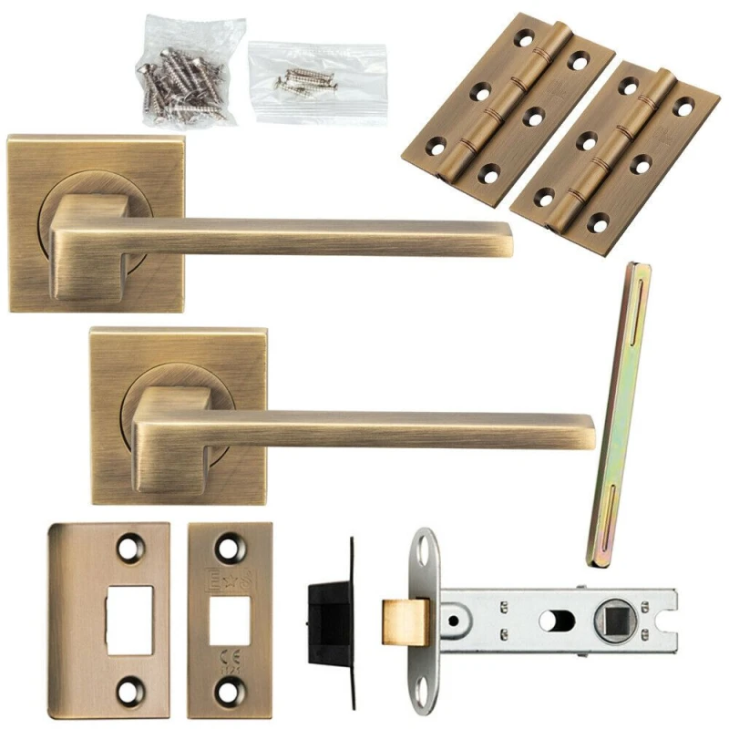 Image of Loops Door Handle & Latch Pack Antique Brass Straight Lever Screwless Square Rose Metallics