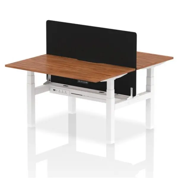 Image of Air Air Back-to-Back 1400 x 800mm Height Adjustable 2 Person Bench Desk Walnut Top with Scalloped Edge White Frame with Black Straight Screen HASSE2P