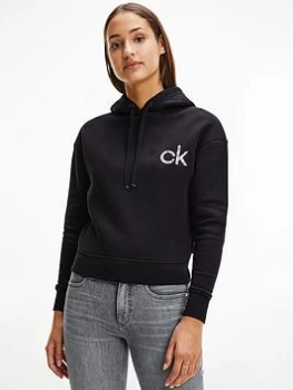 Image of Calvin Klein Logo Cropped Hoodie - Black, Size S, Women