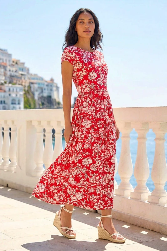 Image of Roman Womens Floral Print Stretch Midi Dress in Red Size: 20 Red Female 20
