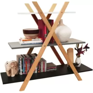 Image of Avone - Retro 3 Tier Wood Cross x Frame Storage Shelf Bookcase - White / Grey / Black - Natural / Black / Grey / White