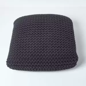 Image of Black Square Cotton Knitted Pouffe Floor Cushion - Black - Homescapes