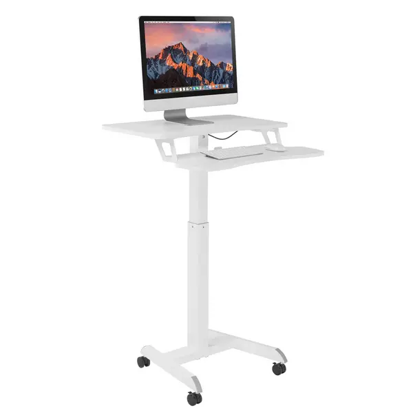 Image of ProperAV ProperAV Two Tier Mobile Desk Trolley Workstation with Gas Spring Height Adjustment - White 781BP