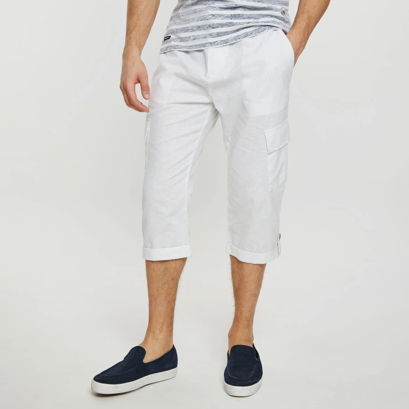 Image of Threadbare 'Timberlake' 3/4 Length Linen Blend Pull On Cargo Trousers White