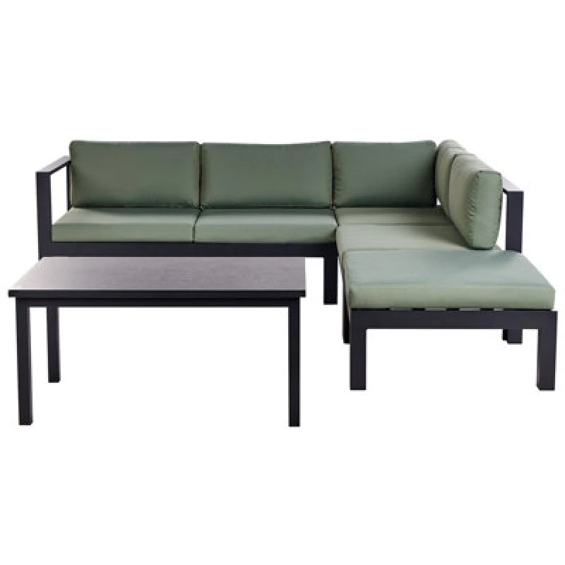 Image of Beliani Garden Corner Sofa With Table 5 Seater Messina Left Hand Metal Green