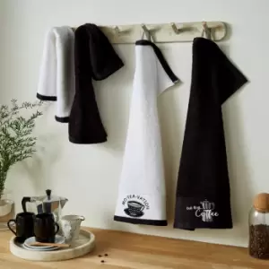 Image of Tea and Coffee Embroidered 100% Cotton Tea Towels, Black/White, 4 Pack - Catherine Lansfield
