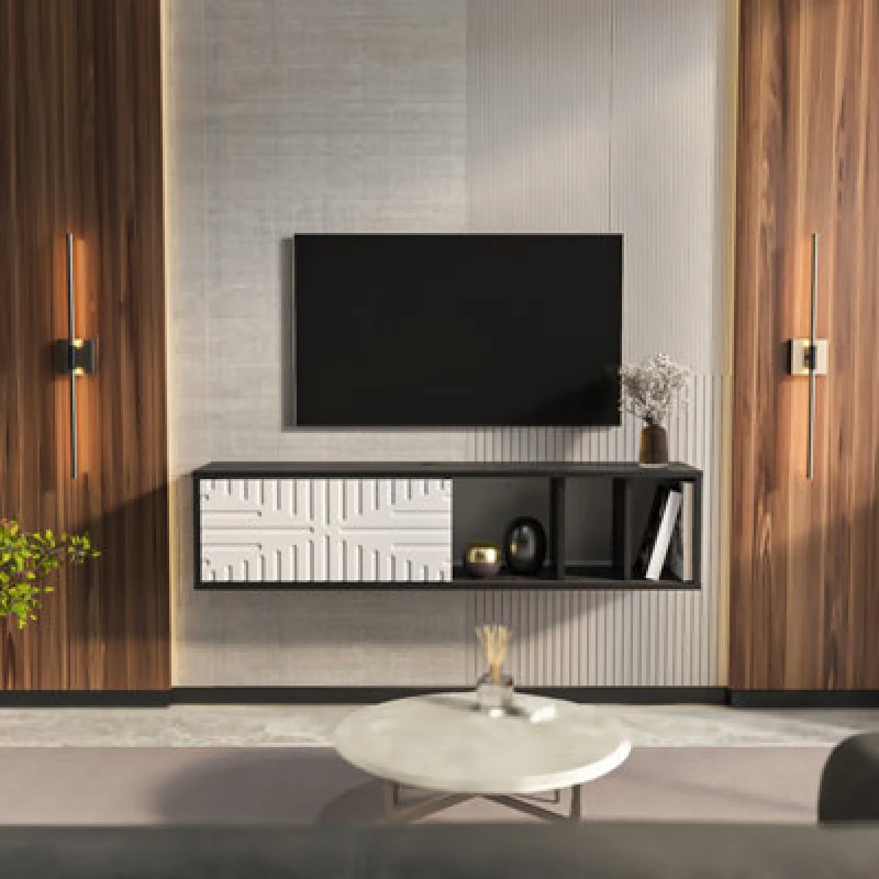 Image of Decorotika Modern Teo Floating TV Unit Black Marble Effect And White