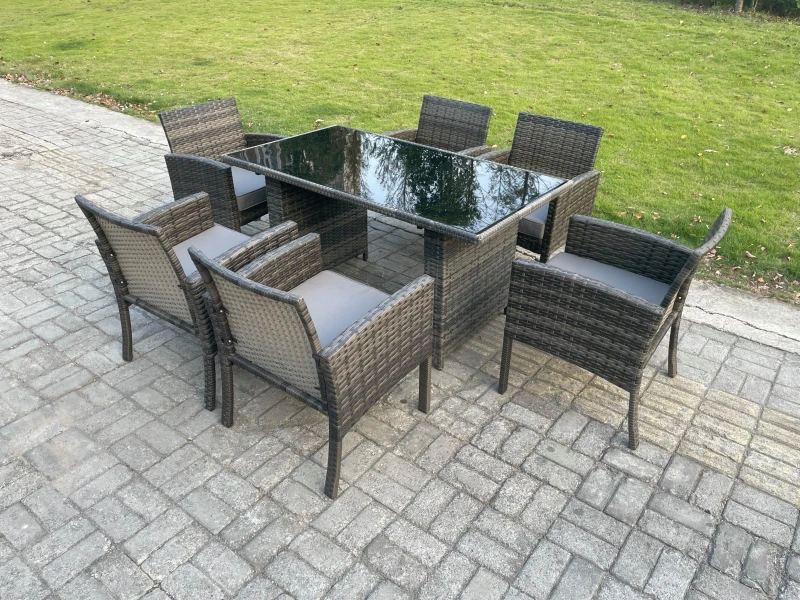 Image of Fimous Wicker PE Outdoor Rattan Garden Furniture Arm Chair & Table Dining Sets 6 Seater Rectangular Table Dark Grey Mixed Dark Grey Unisex