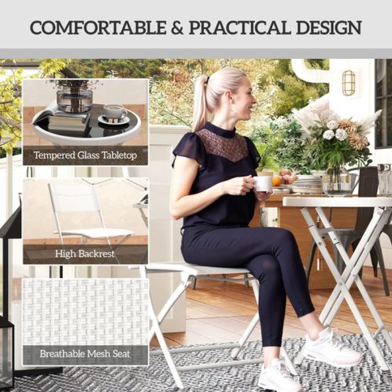 Image of Outsunny 3 Pieces Outdoor Bistro Set - Glass Top Table and Chairs - White TJ Hughes 5063603636736