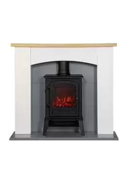 Image of Adam Fires & Fireplaces Adam Huxley In Pure White & Grey With Sureflame Ripon Electric Stove In Black, 39 Inch