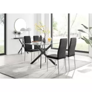 Image of Furniturebox UK - Furniturebox Leonardo 4 Black Leg Glass Dining Table and 4 Black Milan Velvet Dining Chairs Diamond Stitch Modern Contemporary