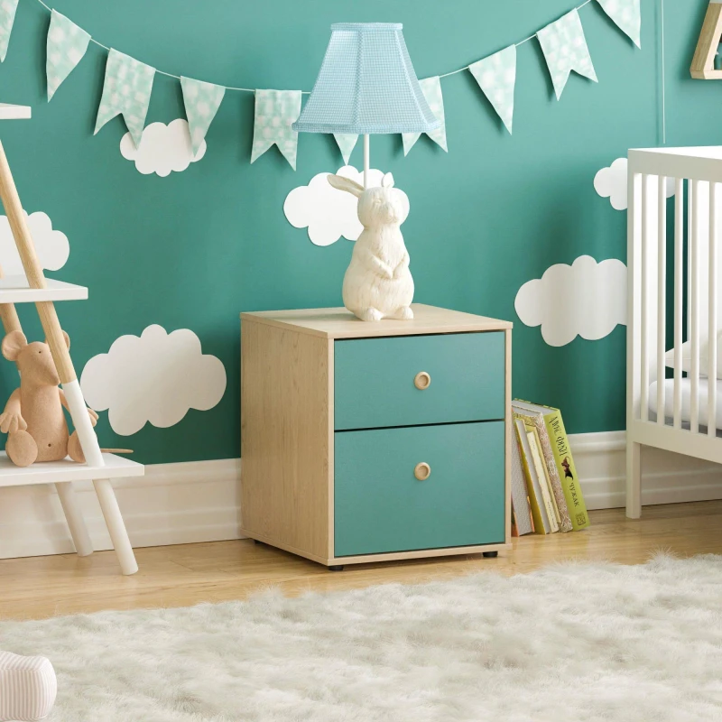 Image of Lassic Junior Vida Neptune 2 Drawer Bedside Table Blue & Oak unisex 2 Drawer