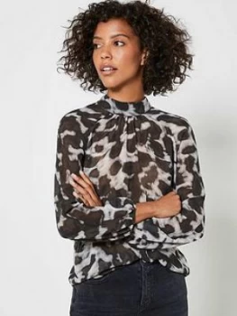 Image of Mint Velvet Alexa Animal Print High Neck Top - Grey