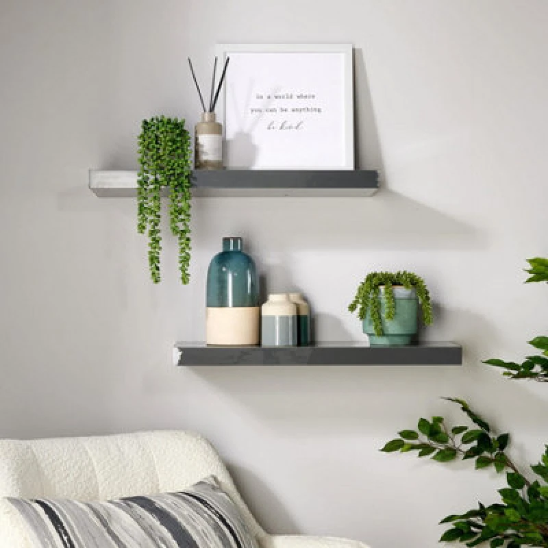 Image of Home Source Cloud Pair Of 60Cm Gloss Floating Wall Shelves Grey