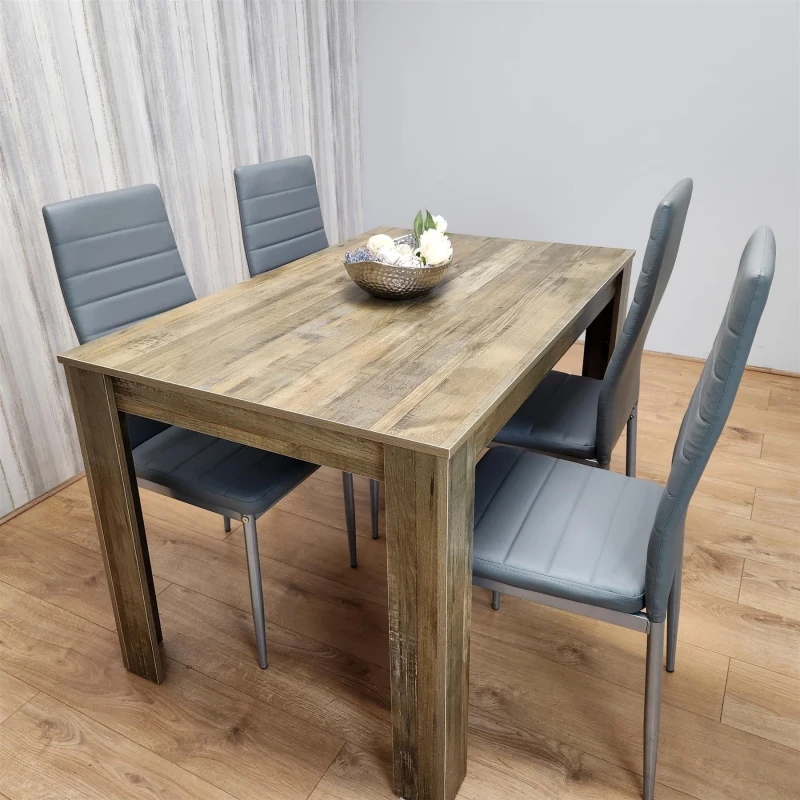 Image of KOSY KOALA KOSY KOALA Dining Table and 4 Chairs Rustic Effect Wood Table 4 Grey Leather Chairs Dining Room in Brown Size: 140cm x 80cm Brown 140cm x