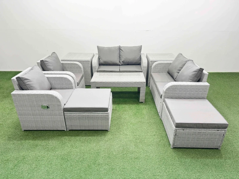 Image of Fimous 8 Seater Outdoor Reclining Chair Love Sofa Set Rattan Garden Furniture Set with Oblong Coffee Table 2 Big FootStools 2 Side Table Light Grey L