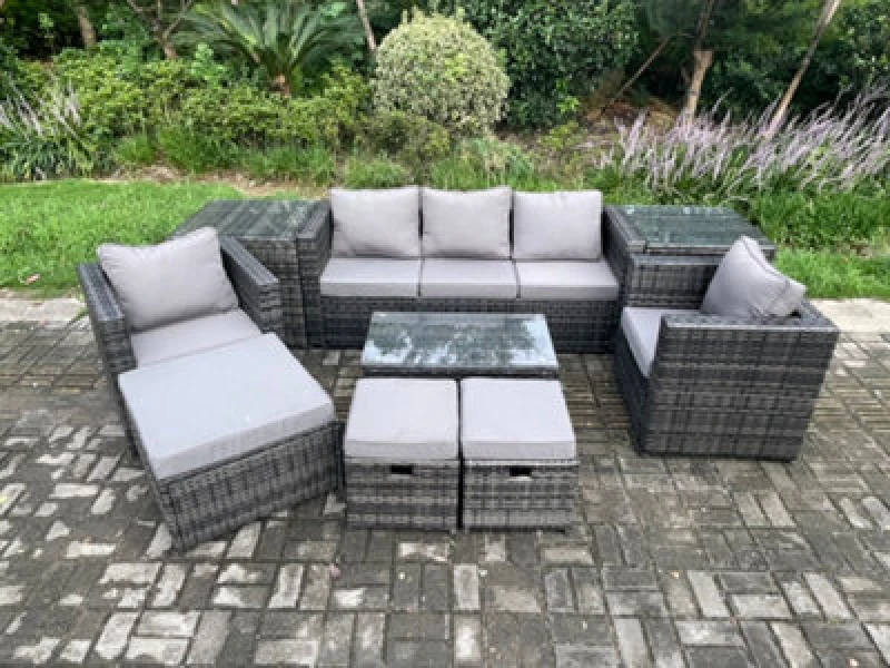 Image of Fimous 8 Seater Rattan Garden Furniture Set Outdoor Patio Sofa Set with 2 Armchairs 2 Side Tables Oblong Table 3 Footstools Dark Grey