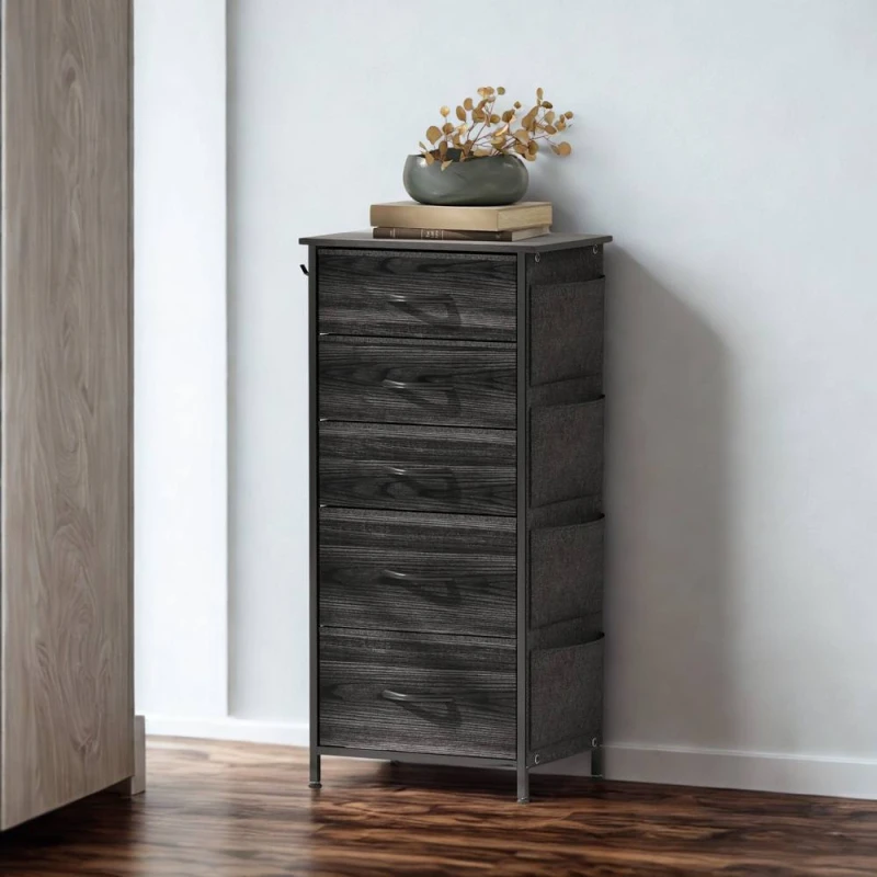 Image of FURNOS Industrial 5 Fabric Drawer Chest Storage Unit Black Unisex