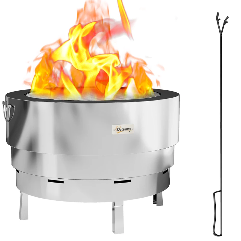 Image of Outsunny Round Fire Pit with Grill Net, Stainless Steel Firepit, Silver 842-384V00SR