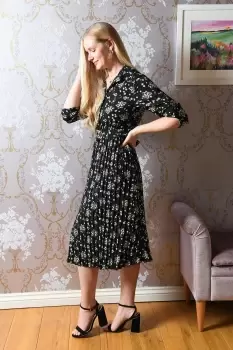 Image of Black Daisy Print Midi Dress With Gold Buckle Belt Detail