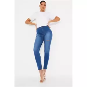 Image of I Saw It First Mid Wash Stretch Thigh Rip High Waisted Denim Disco Skinny Jeans - Blue