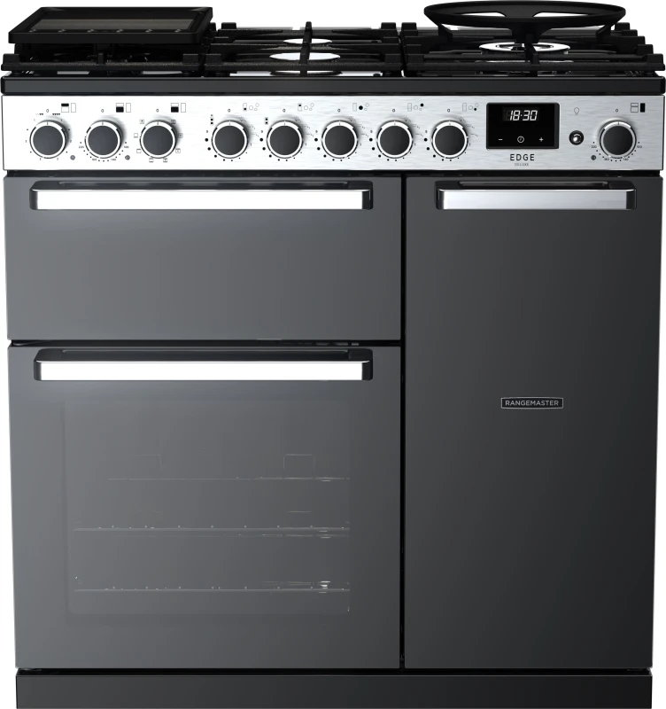 Image of Rangemaster Edge Deluxe EDDL90DFGBLK/CM1 90cm Dual Fuel Range Cooker - Black Glass / Chrome - A/A Rated