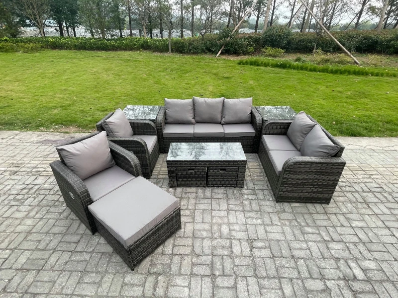 Image of Fimous 10 Seater Outdoor Rattan Garden Furniture Set Rattan Lounge Sofa Set with Rectangular Coffee Table 2 Side Tables 3 Footstools Dark Grey Mixed D