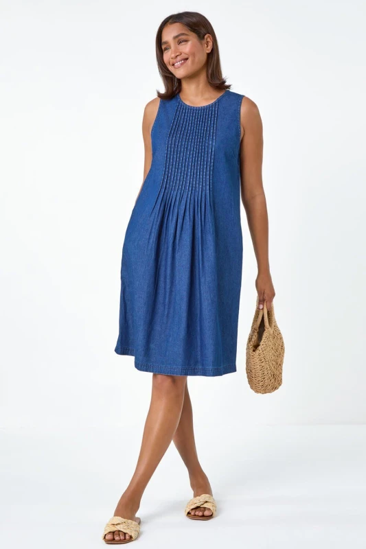 Image of Roman Womens Denim Pintuck Detail Pocket Dress in Blue Size: 10 Blue Female 10