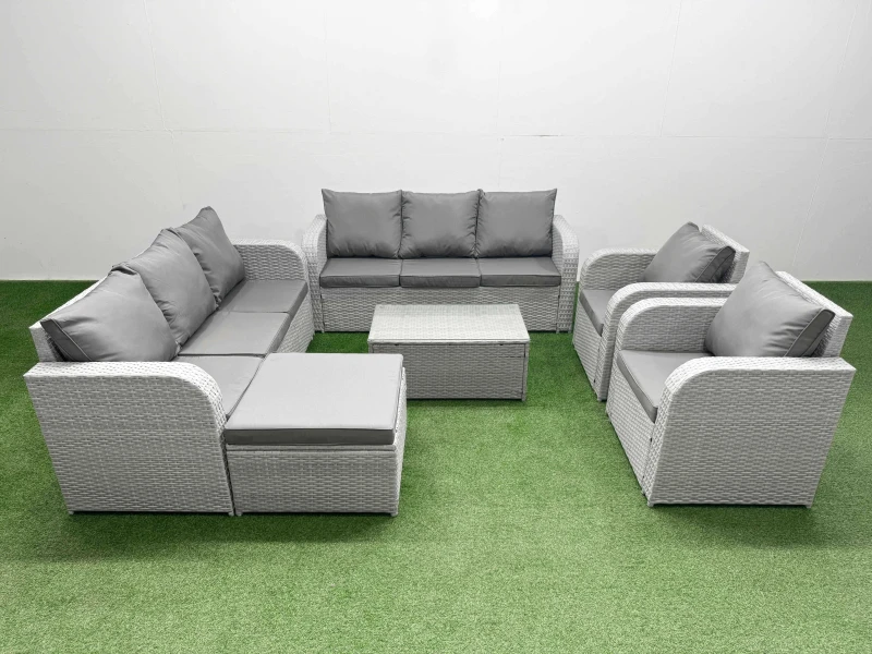 Image of Fimous PE Rattan High Back Lounge Sofa Set Patio Coffee Table & Chairs Set with 3 Seater Sofa Reclining Chair Big Footstool Light Grey Light Grey