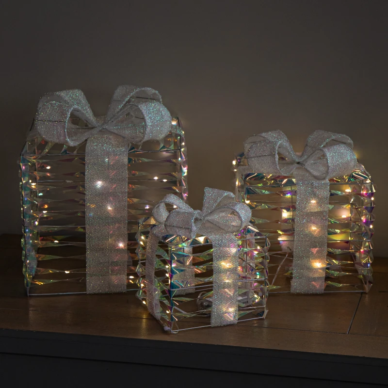 Image of 30cm Set of 3 Battery Operated Light up Star Shimmer Christmas Parcels with 90 Warm White LEDs