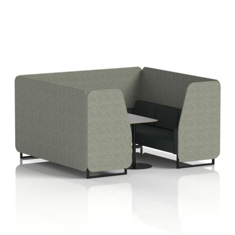 Image of Brixworth 6 Seater Office Booth with Front Panel - Black Legs and Grey Table with Black Leg in Rivet Fabric - Vitreous Panels and Charcoal Sofa
