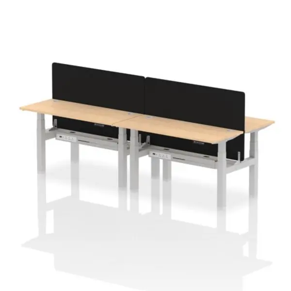 Image of Air Air Back-to-Back 1400 x 600mm Height Adjustable 4 Person Bench Desk Maple Top with Cable Ports Silver Frame with Black Straight Screen HASCP4P146