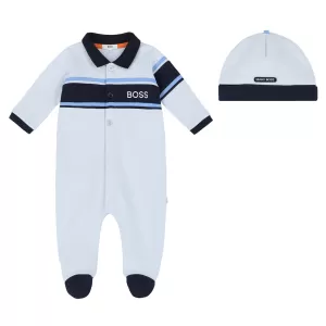 Image of Hugo Boss Baby Boys' Pyjama Babygro & Hat Set - Pale Blue - 3-6 months