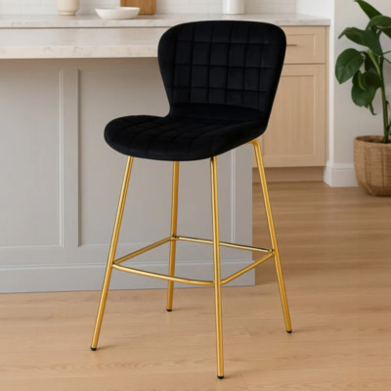 Image of Premier Housewares Black Velvet Stool, Luxury Bar Stool, Modern Black Velvet Bar Chair with Quilted Design and Gold Legs Black