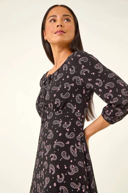 Image of Roman Womens Petite Paisley Print Tie Front Dress in Black Size: 16 Black Female 16