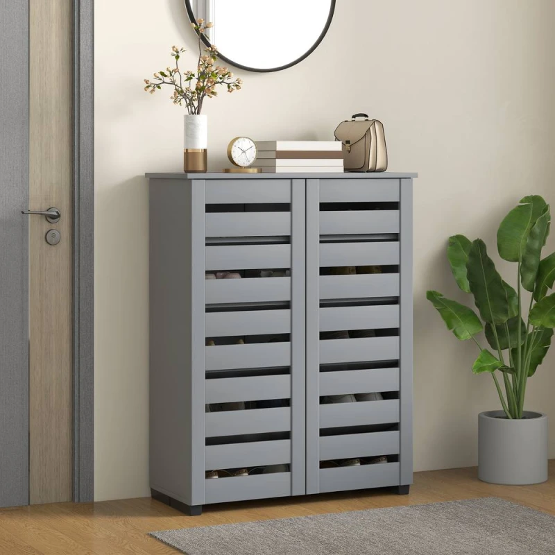 Image of HOMCOM Shoe Storage Cabinet with Slatted Doors for 15 Pairs of Shoes in Dark Grey Dark Grey Unisex