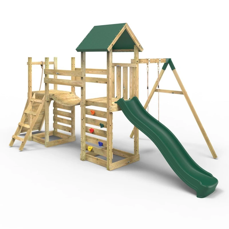 Image of OutdoorToys Double Garden Tower Climbing Frame with Flexible Bridge, Swing & Slide for Kids - Rushmore in Beige Beige Unisex