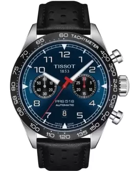 Image of Tissot PRS 516 Automatic Blue Chronograph Dial Leather Strap Mens Watch T131.627.16.042.00 T131.627.16.042.00