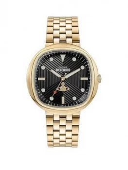 Image of Vivienne Westwood Vivienne Westwood Lexington Black Textured Gold Detail Soft Square Dial Gold Stainless Steel Bracelet Watch